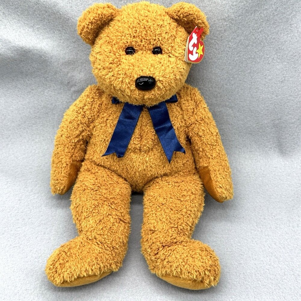 Teddy Bear Fuzz Brown Blue Bow Tie 1999 Plush Stuffed Toy 13" TY Beanie Buddies - Picture 2 of 13